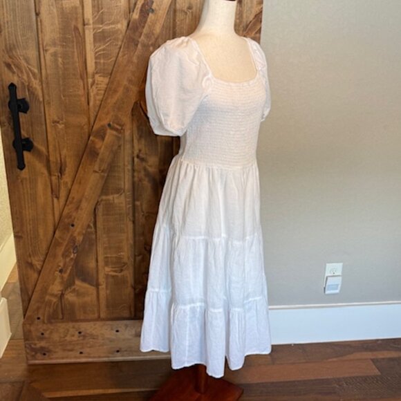 White Smocked Puff Sleeve Open Back Midi Dress - Size XL - Picture 4 of 9